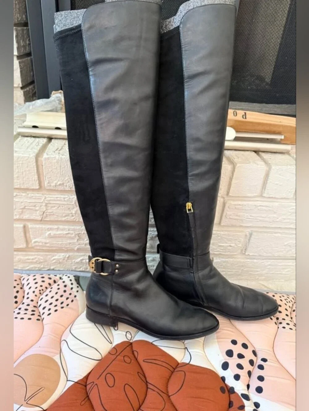 Tory Burch Black Leather & Suede Over-the-Knee Boots with Gold Buckle